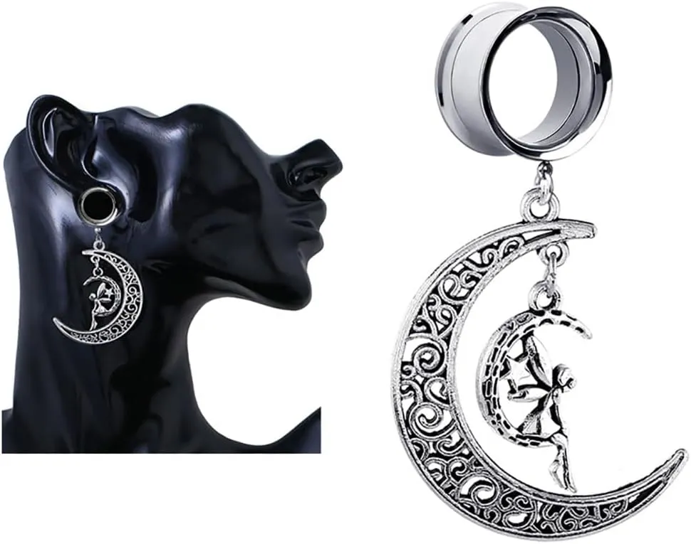 Plugs For Ears,Ear Tunnels1 Pair Moon Fairy Ear Gauges Dangle Ear Plugs Tunnels Hypoallergenic Stainless Steel Ear Expander Body Piercing Jewelry for Women