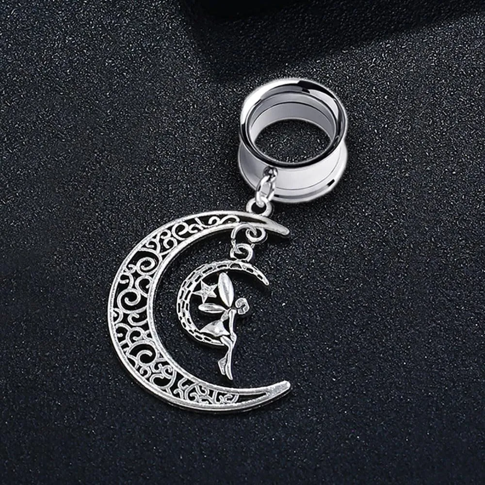 Plugs For Ears,Ear Tunnels1 Pair Moon Fairy Ear Gauges Dangle Ear Plugs Tunnels Hypoallergenic Stainless Steel Ear Expander Body Piercing Jewelry for Women