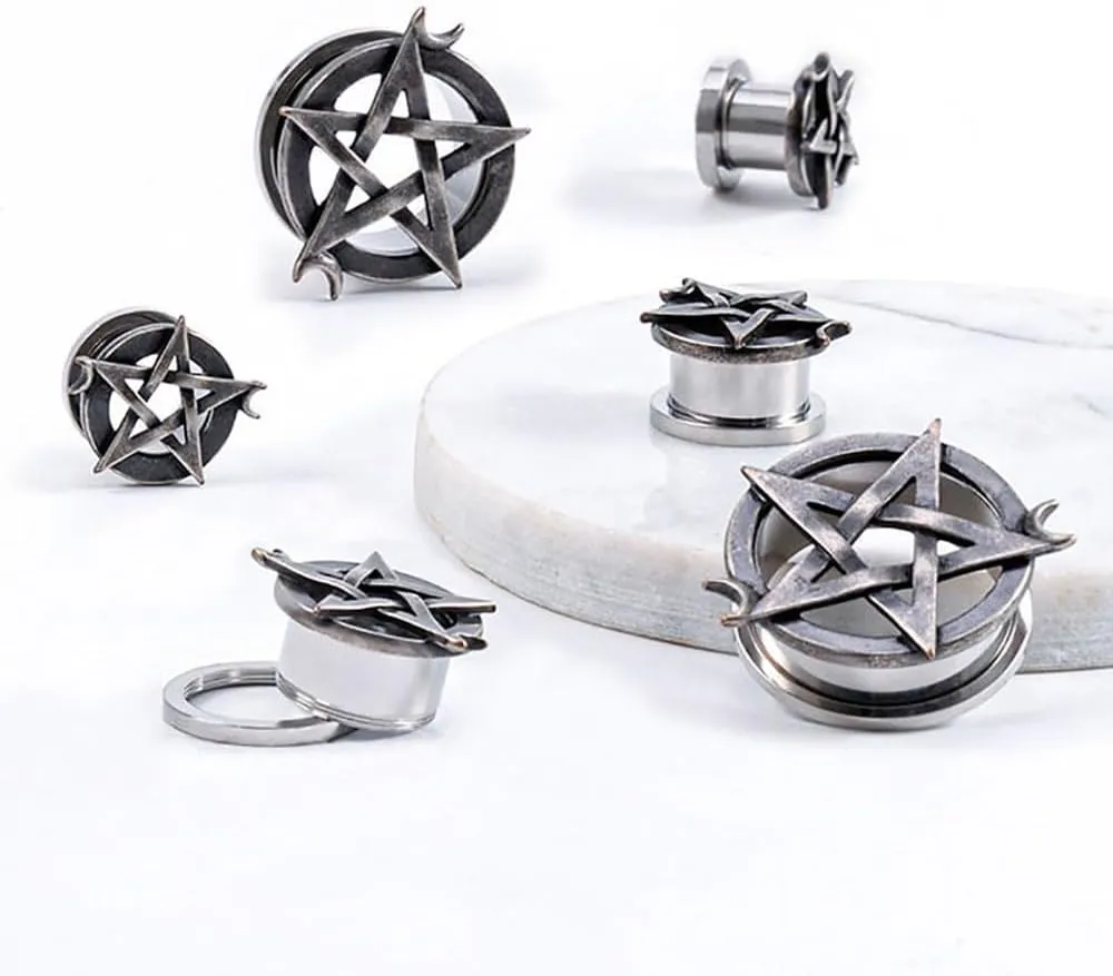 Plugs For Ears,Ear Tunnels1 Pair Retro Pentagram Ear Gauges Stainless Steel Ear Plugs Tunnels Stretcher Piercing Body Jewelry