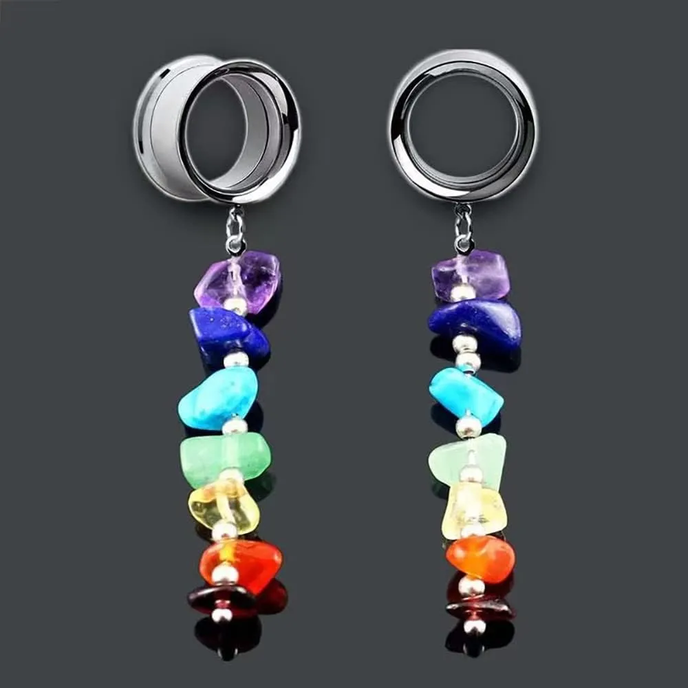 Plugs For Ears,Ear Tunnels2 PCS Handmade 7 Chakra Stones Healing Crystals Dangle Ear Plugs Tunnels 316L Stainless Steel Gauges Piercing Body Jewelry 6mm-25mm 2g-1"