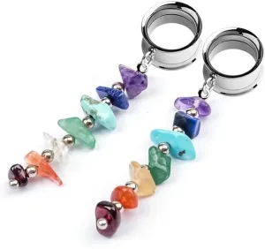 Plugs For Ears,Ear Tunnels2 PCS Handmade 7 Chakra Stones Healing Crystals Dangle Ear Plugs Tunnels 316L Stainless Steel Gauges Piercing Body Jewelry 6mm-25mm 2g-1"