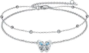 POPLYKE 925 Sterling Silver Double Layered Chain Evil Eye Daisy Sunflower Butterfly Anklets for Women Holiday Beach Crystal Ankle Bracelet Dainty Evil Eye Jewelry