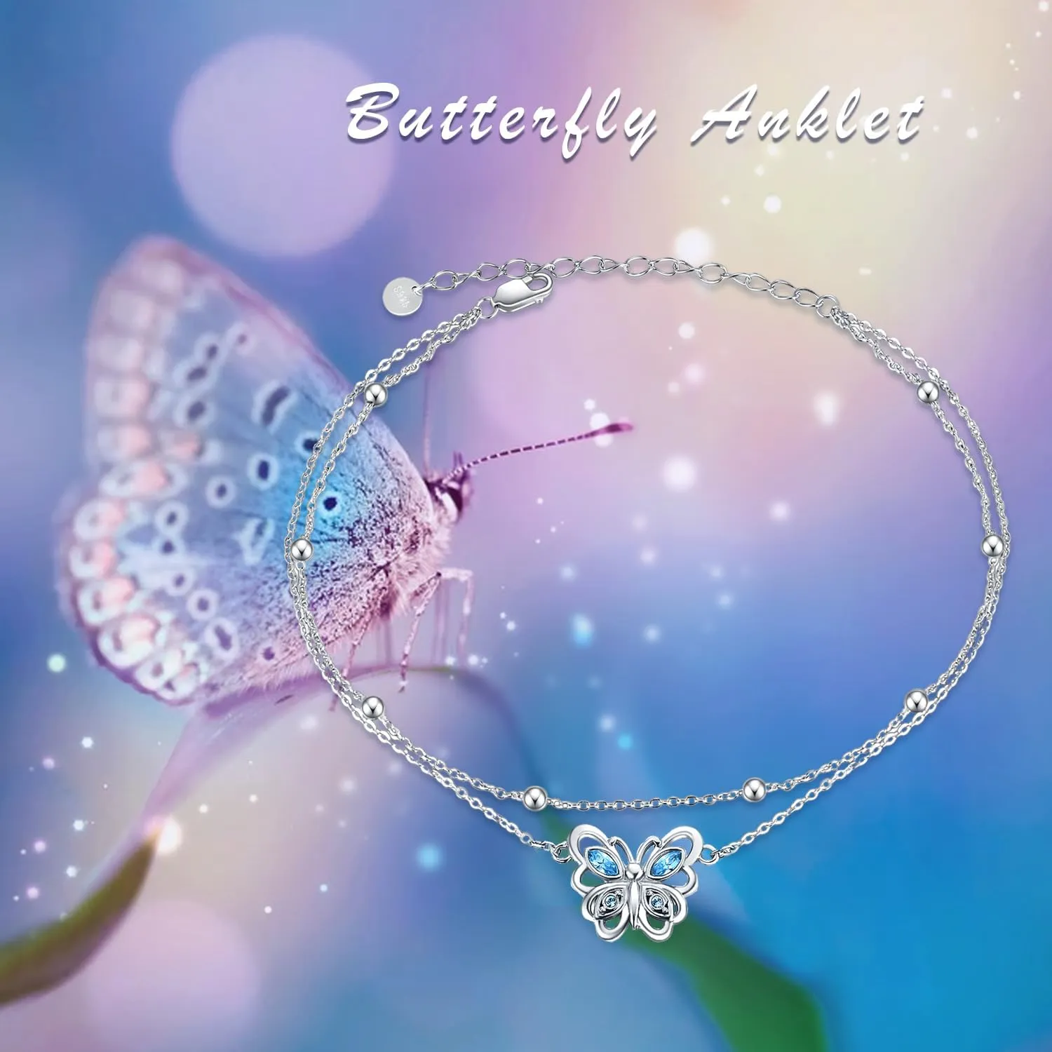 POPLYKE 925 Sterling Silver Double Layered Chain Evil Eye Daisy Sunflower Butterfly Anklets for Women Holiday Beach Crystal Ankle Bracelet Dainty Evil Eye Jewelry