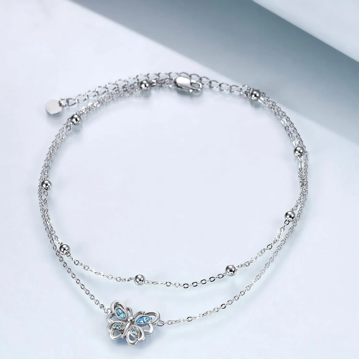 POPLYKE 925 Sterling Silver Double Layered Chain Evil Eye Daisy Sunflower Butterfly Anklets for Women Holiday Beach Crystal Ankle Bracelet Dainty Evil Eye Jewelry