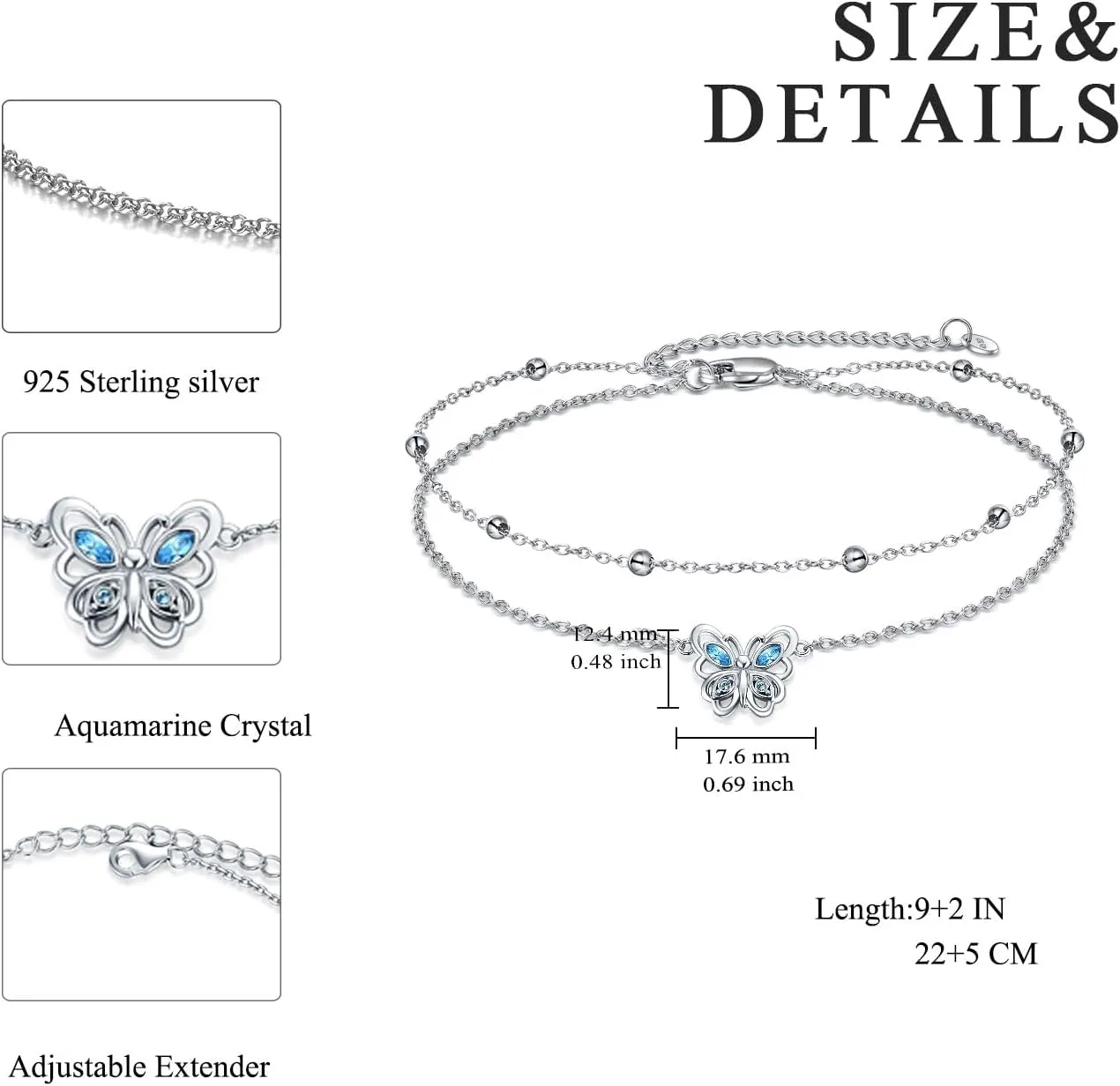 POPLYKE 925 Sterling Silver Double Layered Chain Evil Eye Daisy Sunflower Butterfly Anklets for Women Holiday Beach Crystal Ankle Bracelet Dainty Evil Eye Jewelry