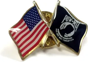 POW/MIA Lapel Pin crossed with American Flag, double waving, Made in USA