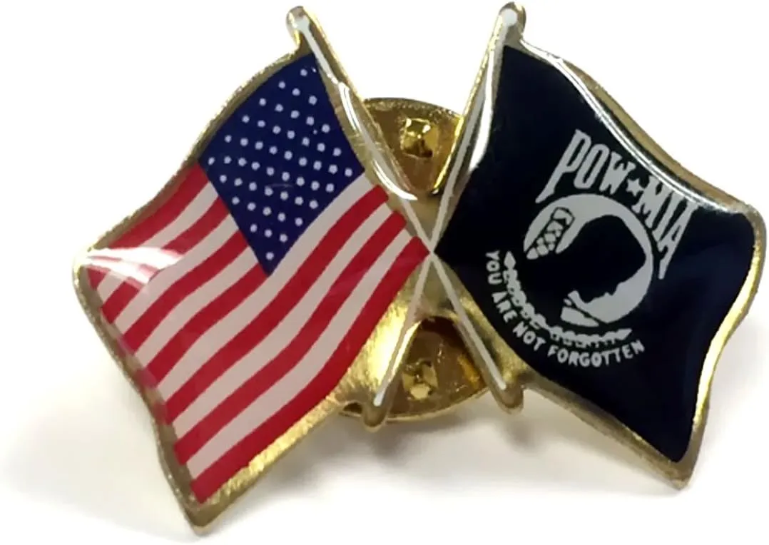 POW/MIA Lapel Pin crossed with American Flag, double waving, Made in USA