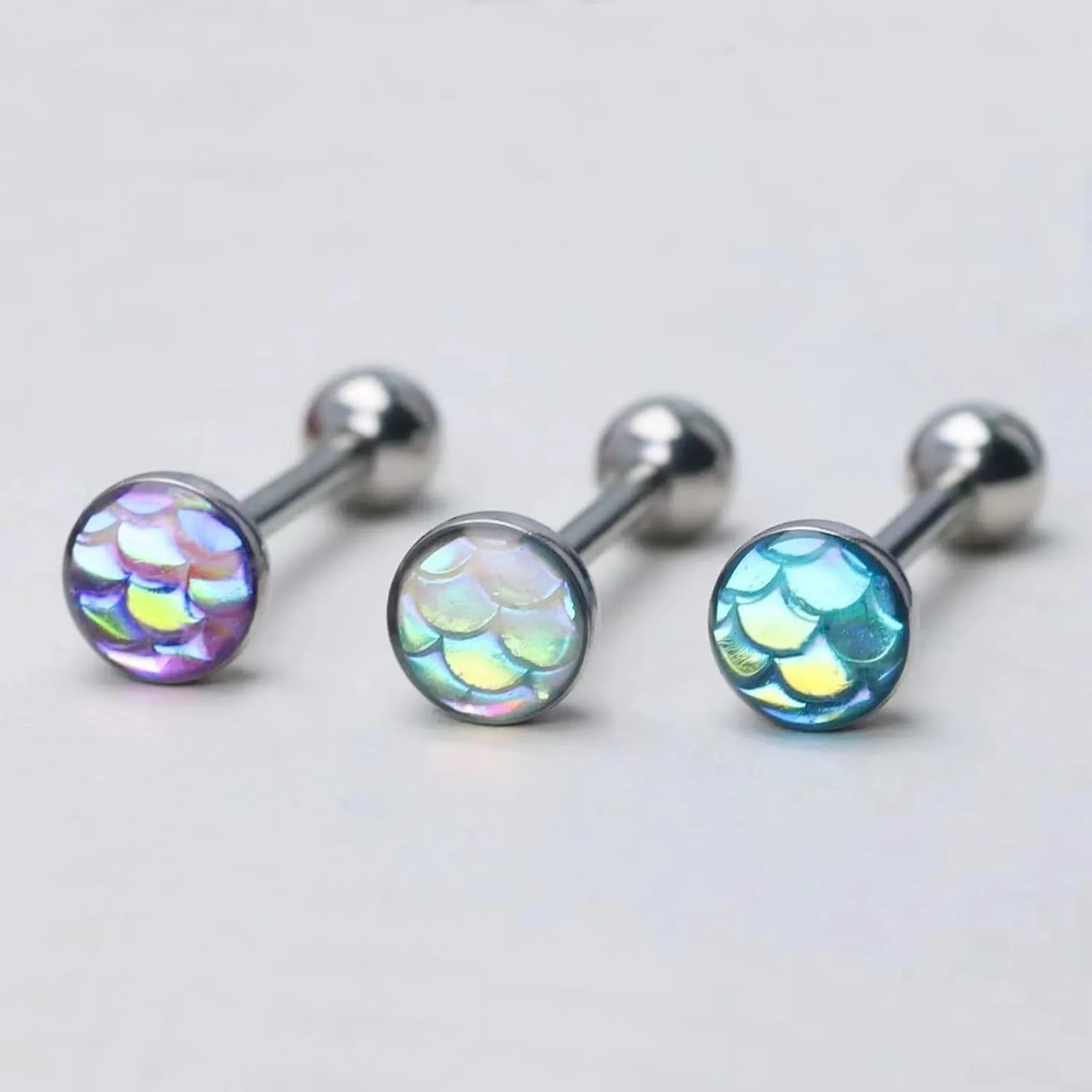 POYAMUSE 14G Colorful Mermaid Scales Tongue Ring - Stainless Steel Barbell Tongue Piercing Jewelry