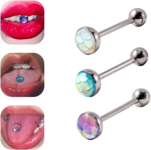 POYAMUSE 14G Colorful Mermaid Scales Tongue Ring - Stainless Steel Barbell Tongue Piercing Jewelry