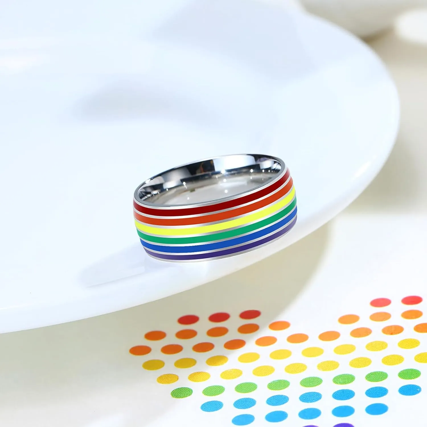 Pride Ring Titanium Steel LGBT Rainbow Rings for Gay Lesbian Asexual Bisexual Trans Nonbinary LGBTQ Pride Month Friendship Wedding Promise Band Rings Jewelry Gift for Couples Men Women