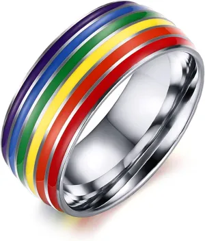 Pride Ring Titanium Steel LGBT Rainbow Rings for Gay Lesbian Asexual Bisexual Trans Nonbinary LGBTQ Pride Month Friendship Wedding Promise Band Rings Jewelry Gift for Couples Men Women