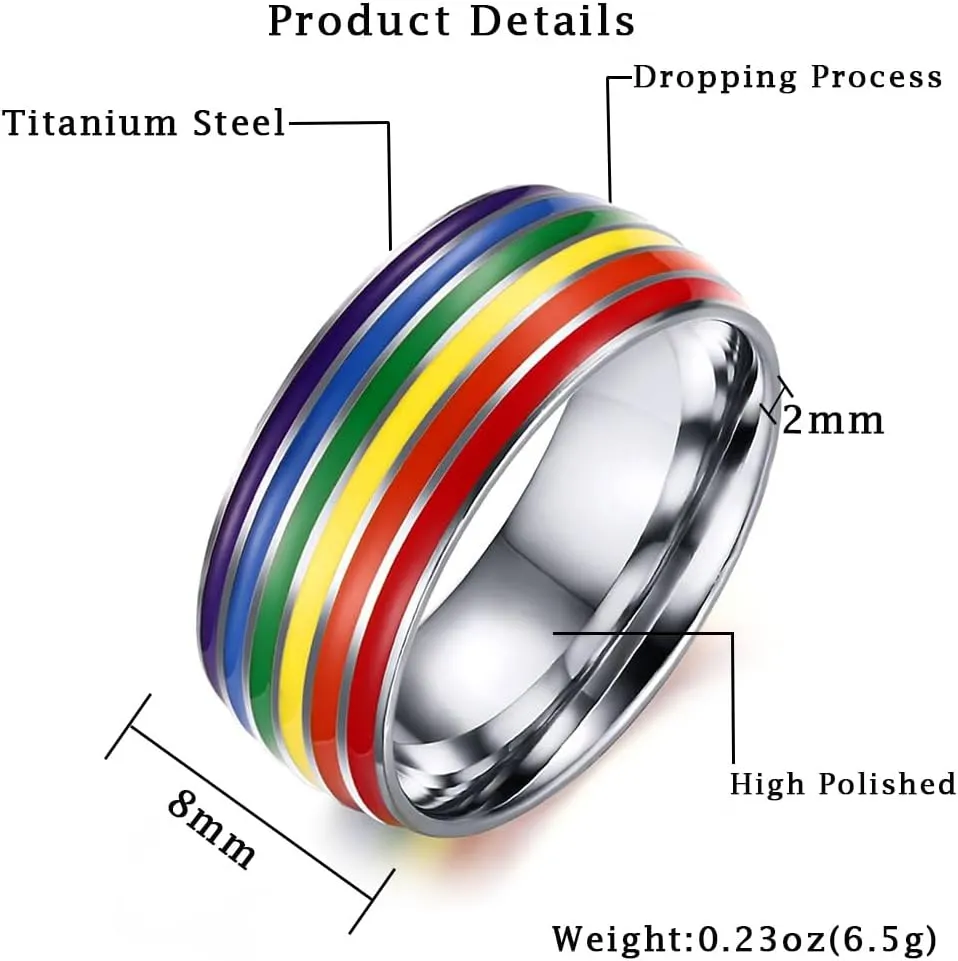 Pride Ring Titanium Steel LGBT Rainbow Rings for Gay Lesbian Asexual Bisexual Trans Nonbinary LGBTQ Pride Month Friendship Wedding Promise Band Rings Jewelry Gift for Couples Men Women