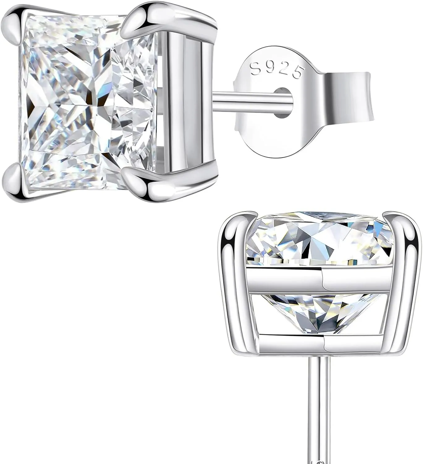 Princess Cut Moissanite Stud Earrings, Lab-Created Diamonds, 0.8-2.4ct D Color, VVS1 Clarity, Hypoallergenic, White Gold-Plated 925 Sterling Silver, Anniversary Birthday for Women Men