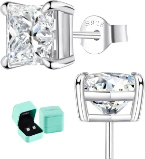 Princess Cut Moissanite Stud Earrings, Lab-Created Diamonds, 0.8-2.4ct D Color, VVS1 Clarity, Hypoallergenic, White Gold-Plated 925 Sterling Silver, Anniversary Birthday for Women Men