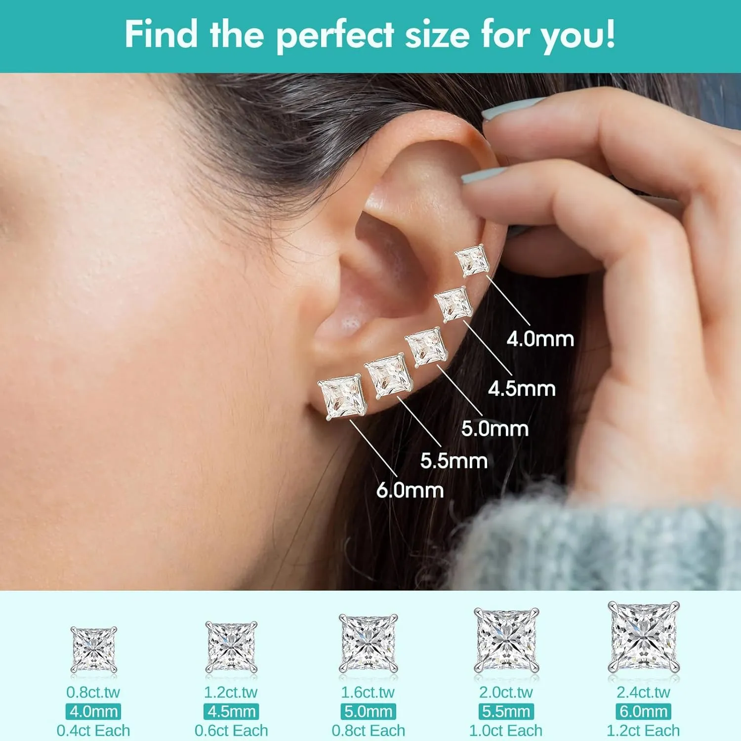 Princess Cut Moissanite Stud Earrings, Lab-Created Diamonds, 0.8-2.4ct D Color, VVS1 Clarity, Hypoallergenic, White Gold-Plated 925 Sterling Silver, Anniversary Birthday for Women Men