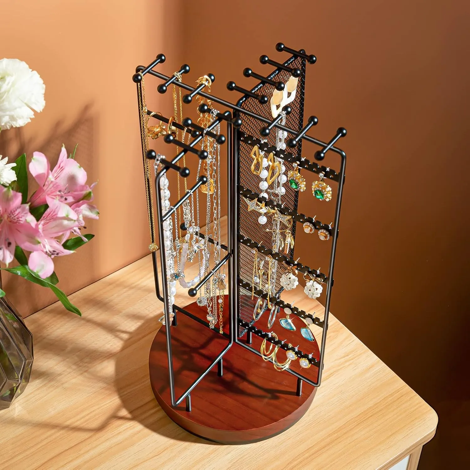 ProCase Rotating Jewelry Organizer Stand Earring Holder Organizer with 28 Necklace Hooks, Jewelry Tree Earring Stand Tower Storage Rack Bracelet Holder, Holds More than 100 Pairs Earrings -Black