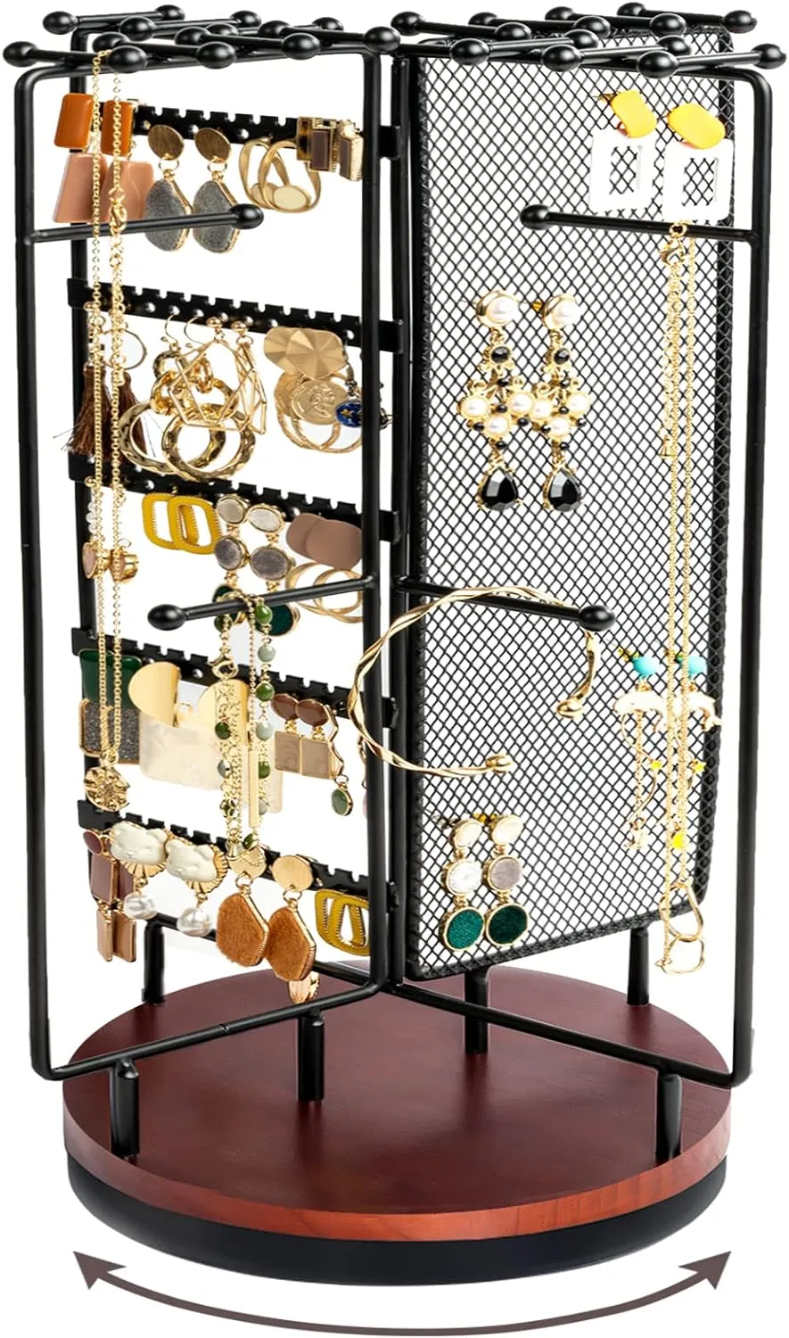 ProCase Rotating Jewelry Organizer Stand Earring Holder Organizer with 28 Necklace Hooks, Jewelry Tree Earring Stand Tower Storage Rack Bracelet Holder, Holds More than 100 Pairs Earrings -Black
