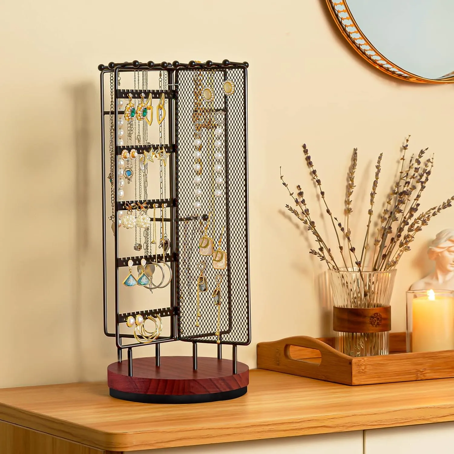 ProCase Rotating Jewelry Organizer Stand Earring Holder Organizer with 28 Necklace Hooks, Jewelry Tree Earring Stand Tower Storage Rack Bracelet Holder, Holds More than 100 Pairs Earrings -Black