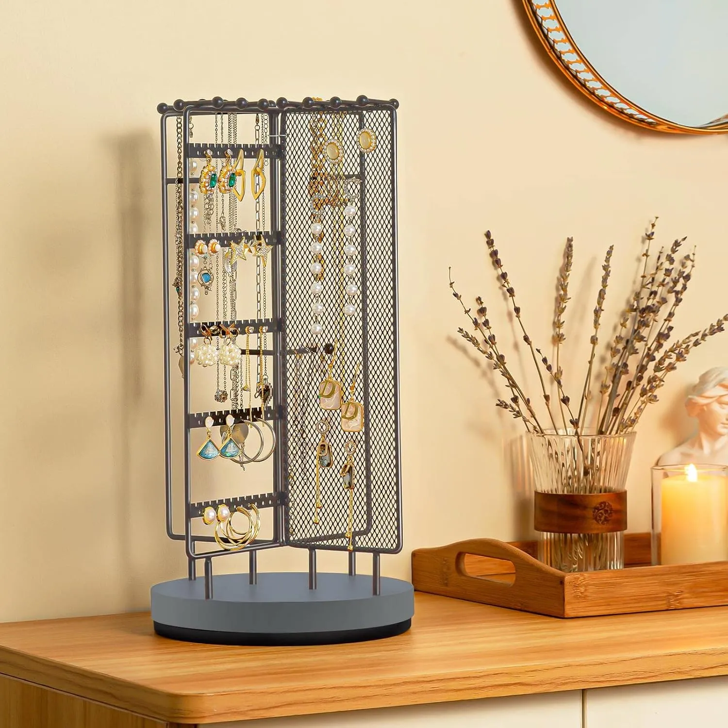 ProCase Rotating Jewelry Organizer Stand Earring Holder Organizer with 28 Necklace Hooks, Jewelry Tree Earring Stand Tower Storage Rack Bracelet Holder, Holds More than 100 Pairs Earrings -Grey