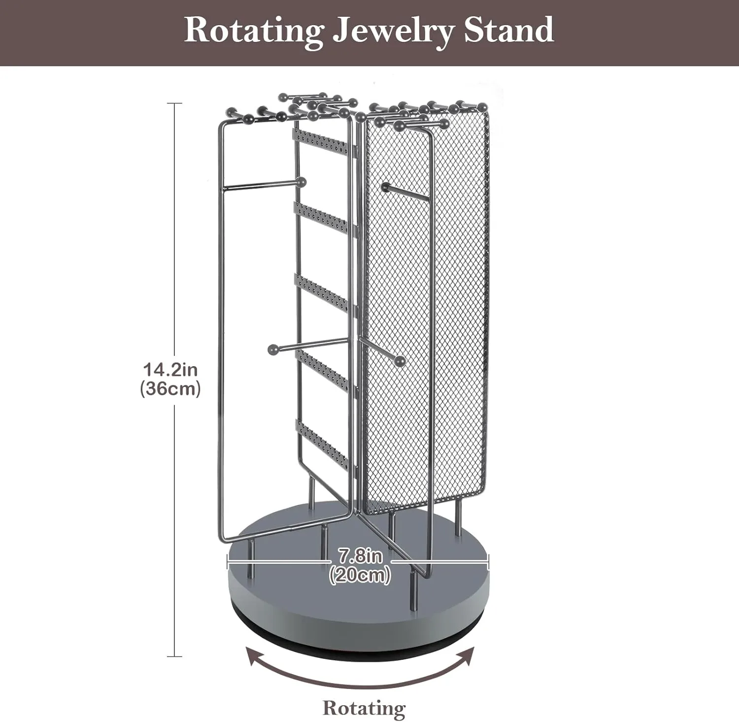 ProCase Rotating Jewelry Organizer Stand Earring Holder Organizer with 28 Necklace Hooks, Jewelry Tree Earring Stand Tower Storage Rack Bracelet Holder, Holds More than 100 Pairs Earrings -Grey