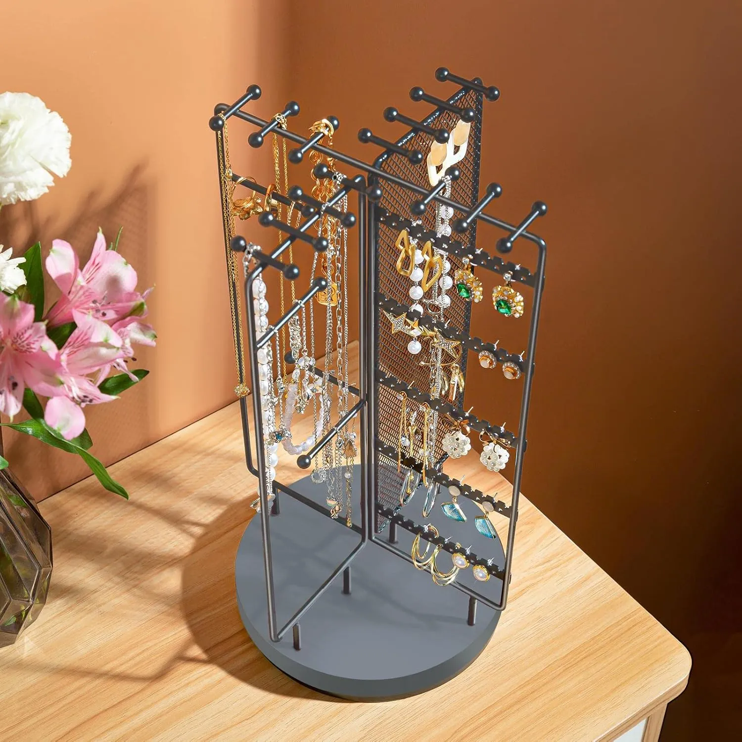 ProCase Rotating Jewelry Organizer Stand Earring Holder Organizer with 28 Necklace Hooks, Jewelry Tree Earring Stand Tower Storage Rack Bracelet Holder, Holds More than 100 Pairs Earrings -Grey