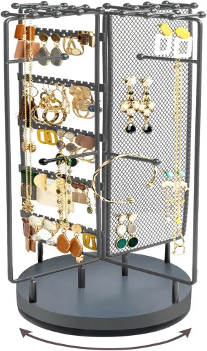 ProCase Rotating Jewelry Organizer Stand Earring Holder Organizer with 28 Necklace Hooks, Jewelry Tree Earring Stand Tower Storage Rack Bracelet Holder, Holds More than 100 Pairs Earrings -Grey