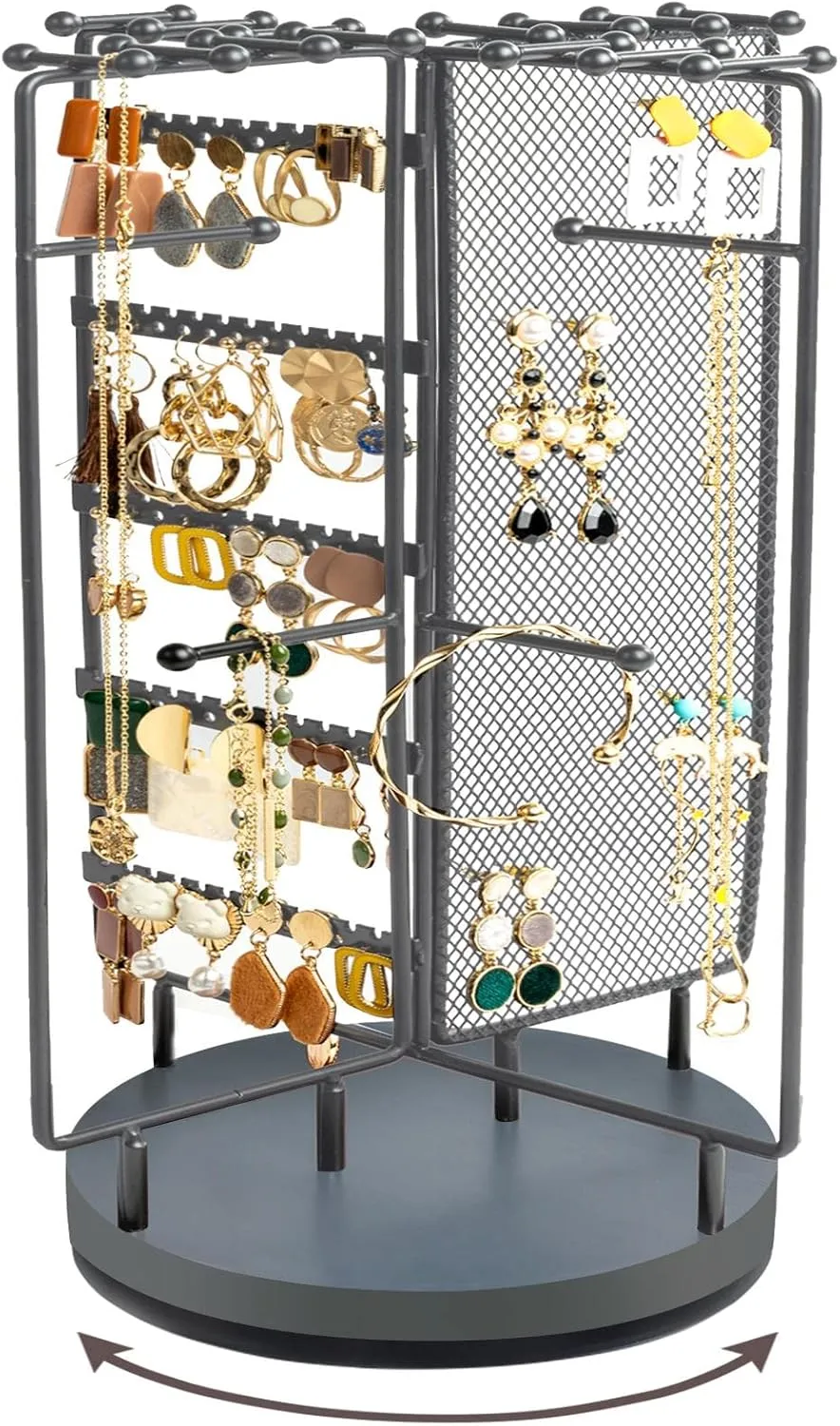 ProCase Rotating Jewelry Organizer Stand Earring Holder Organizer with 28 Necklace Hooks, Jewelry Tree Earring Stand Tower Storage Rack Bracelet Holder, Holds More than 100 Pairs Earrings -Grey