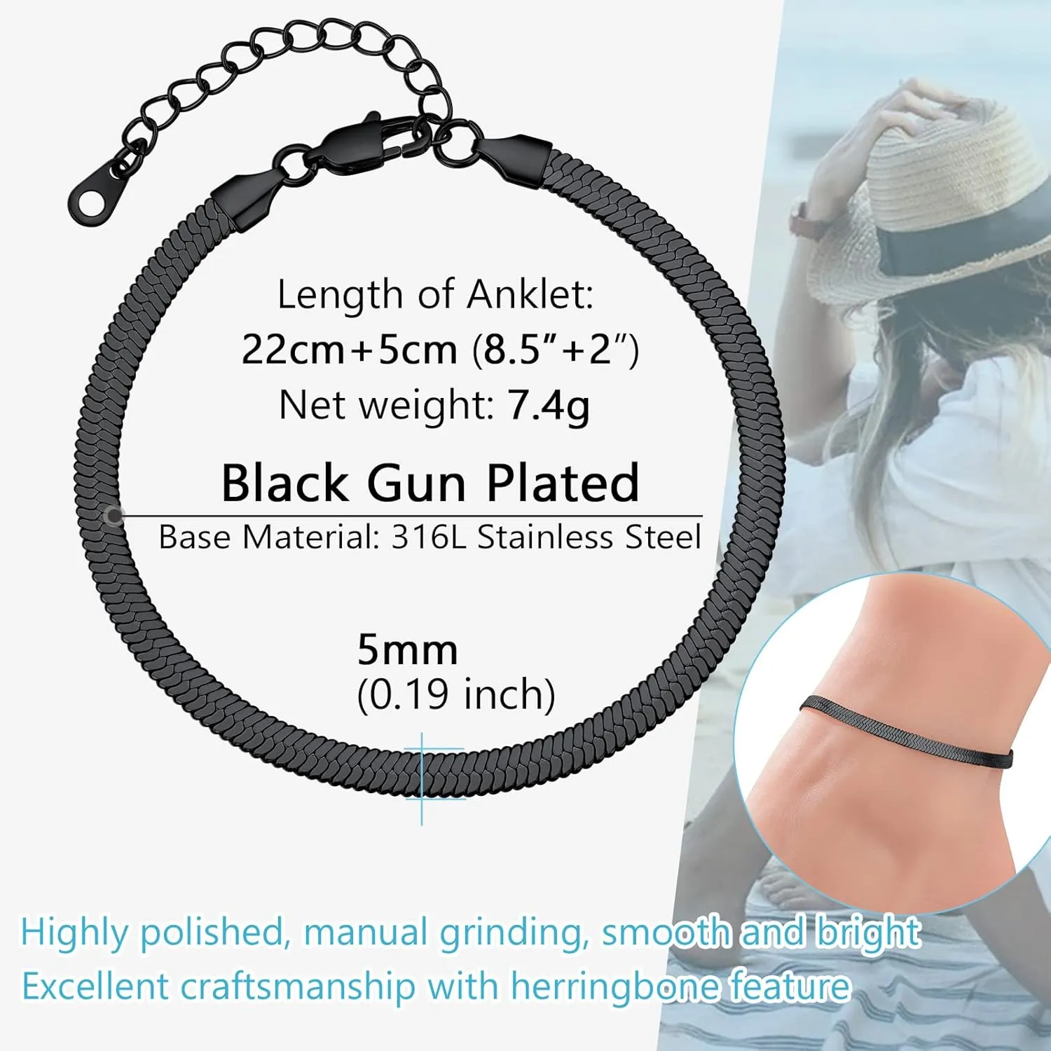 PROSTEEL 316L Stainless Steel Herringbone Flat Chain Bracelets/Anklets, Beautiful Summer Jewelry, Black/Yellow Gold/Rose Gold Plated, 6.3inch/8.5inch Adjustable, Come Box