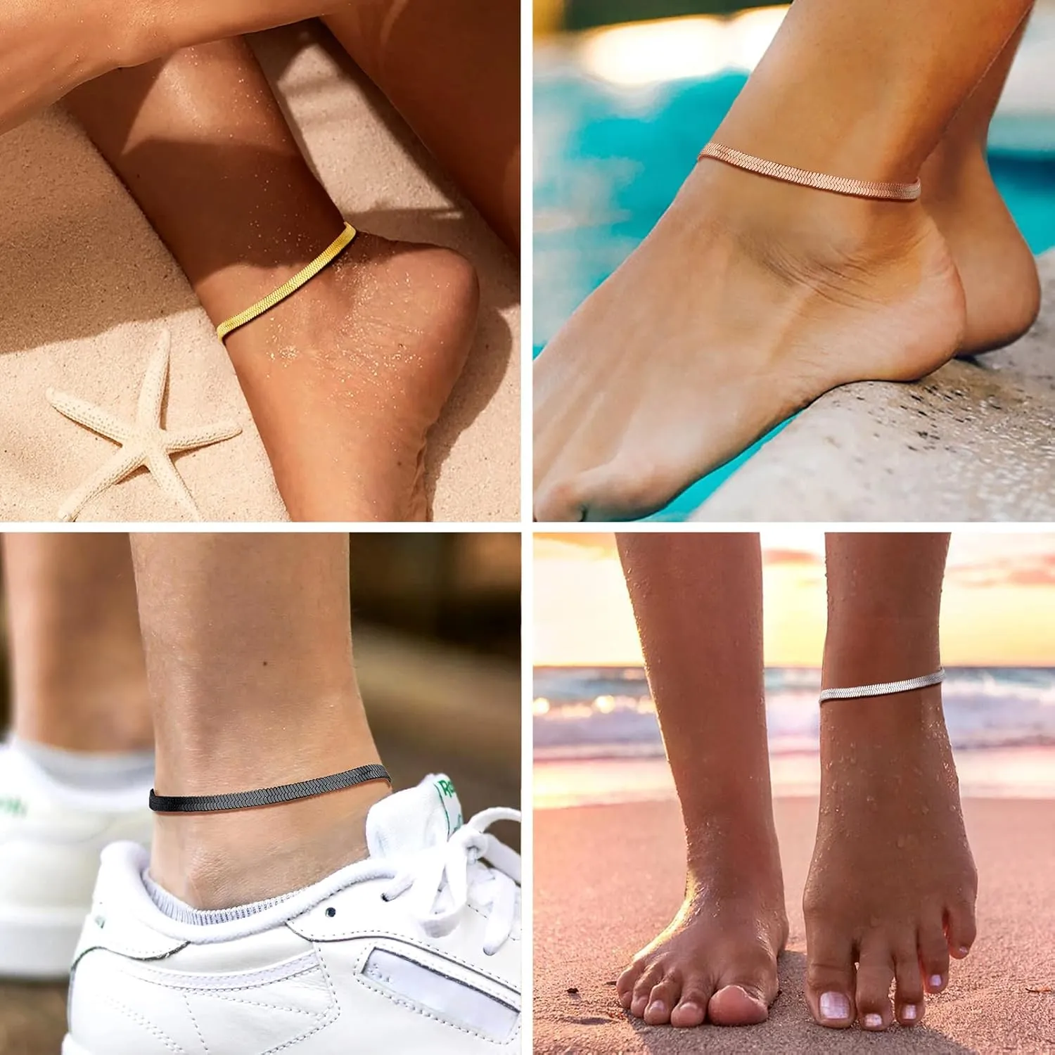 PROSTEEL 316L Stainless Steel Herringbone Flat Chain Bracelets/Anklets, Beautiful Summer Jewelry, Black/Yellow Gold/Rose Gold Plated, 6.3inch/8.5inch Adjustable, Come Box