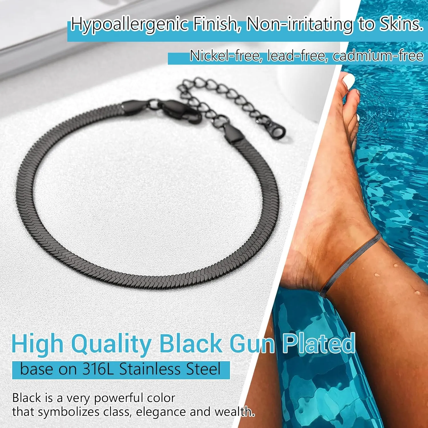 PROSTEEL 316L Stainless Steel Herringbone Flat Chain Bracelets/Anklets, Beautiful Summer Jewelry, Black/Yellow Gold/Rose Gold Plated, 6.3inch/8.5inch Adjustable, Come Box