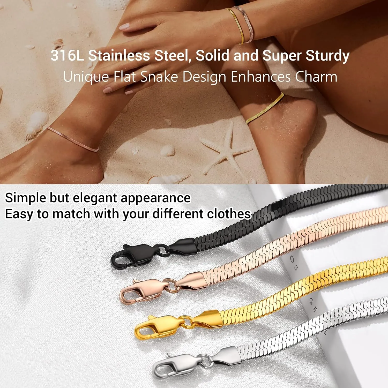 PROSTEEL 316L Stainless Steel Herringbone Flat Chain Bracelets/Anklets, Beautiful Summer Jewelry, Black/Yellow Gold/Rose Gold Plated, 6.3inch/8.5inch Adjustable, Come Box