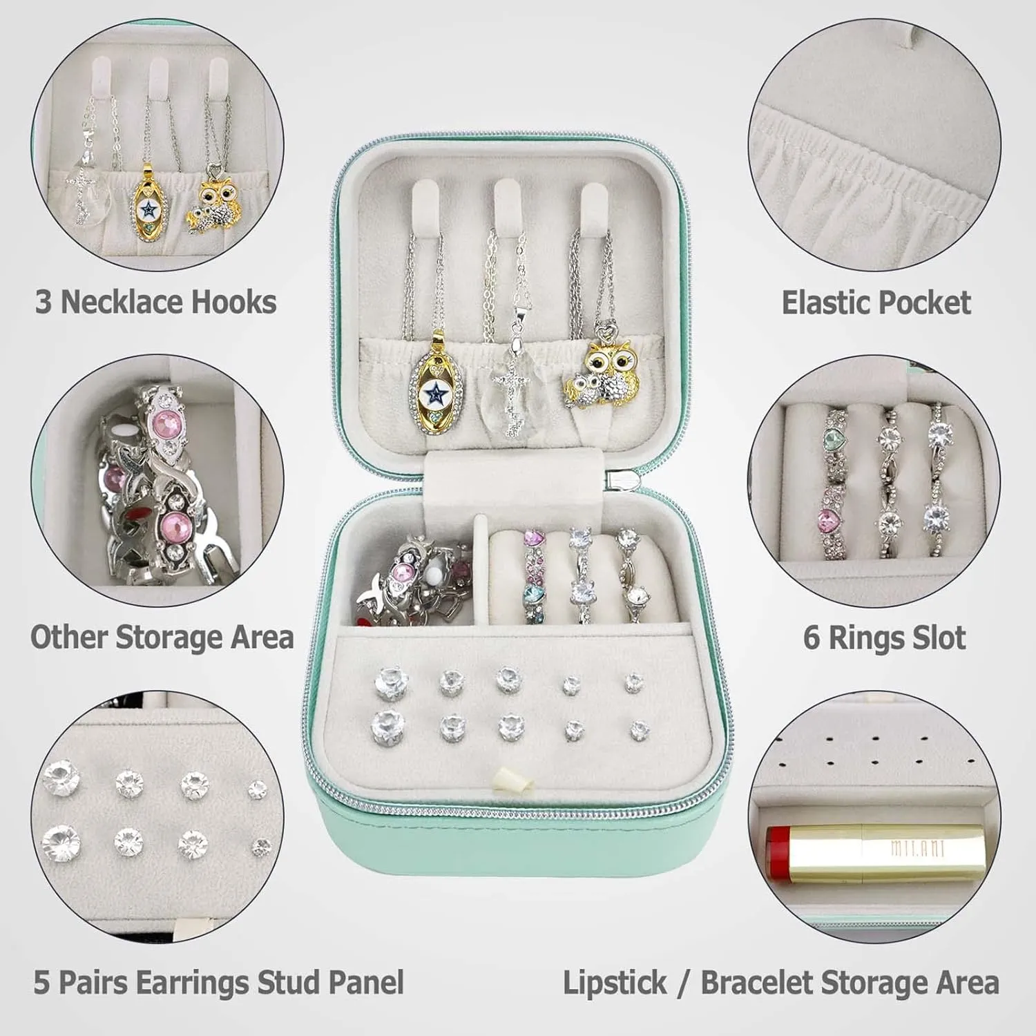 PU Leather Travel Small Portable Mini Travel Jewelry Organizer for Rings Necklaces Earrings and Lipstick Green