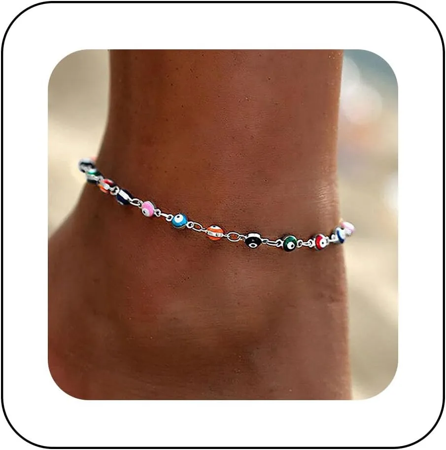 Punk Evil Eye Bead Anklet Colorful Evil Eye Anklet Bracelet Adjustable Luck Eye Anklet Foot Chain Silver Turkish Eye Anklet Chain Summer Beach Anklet Jewelry for Women