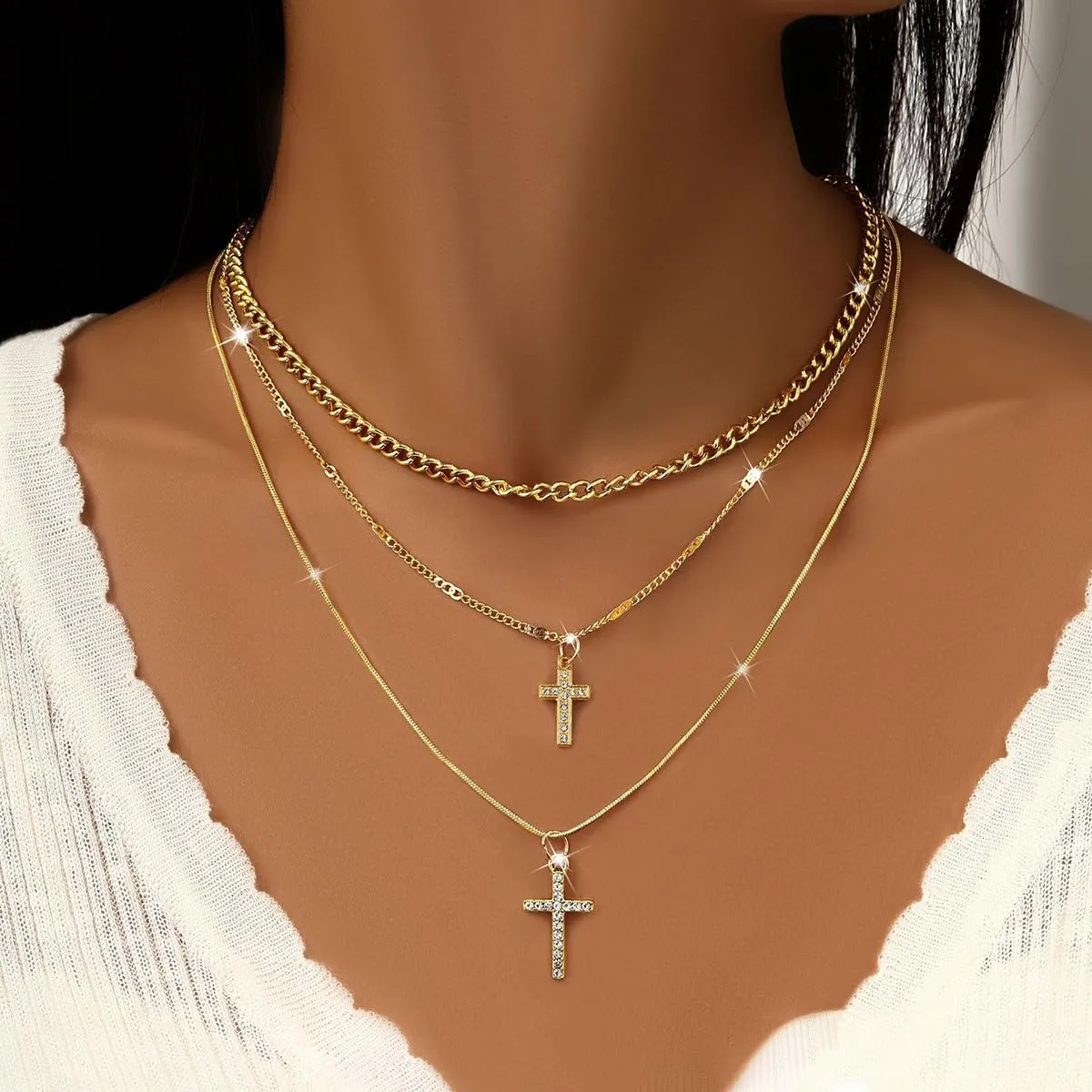 Punk Layered Cross Pendant Necklaces for Women Stackable Cross Chain Statement Clavicle Necklace Set Sparkly Zircon Cross Necklace Jewelry Gifts