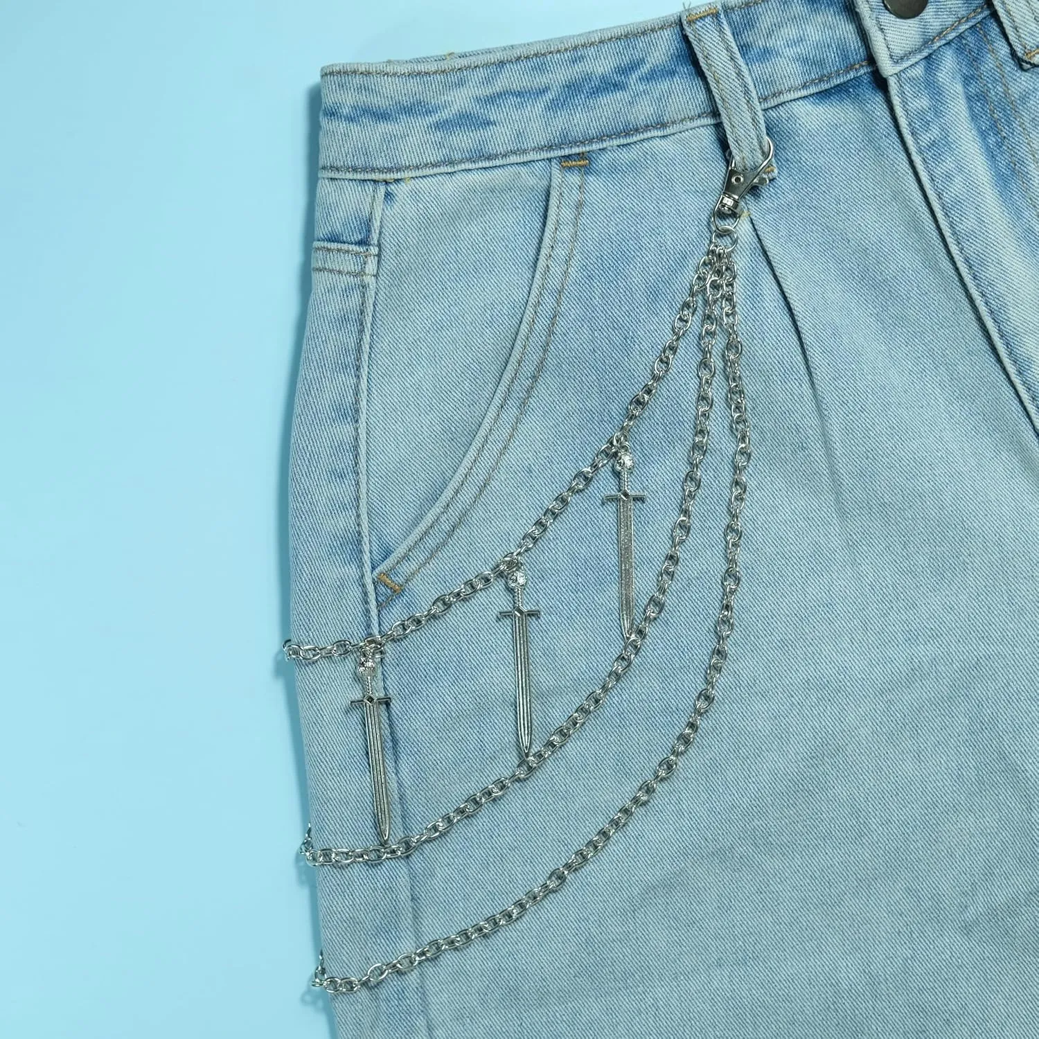 Punk Pants Chain,Gothic Goth Hip Hop Rivet Charm Layered Wallet and Jeans Link Chain, Vintage Rock Jewelry for Men and Women
