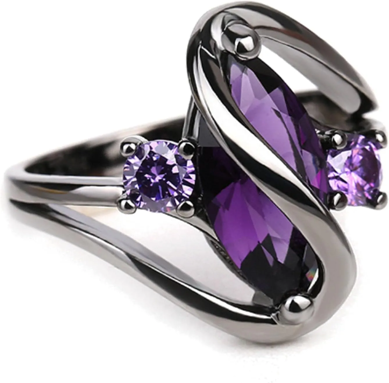 Purple Marquise Cubic Zirconia Cocktail Statement Ring Crystal Stacking Wedding Engagement Anniversary Band Rings Fashion Jewelry Accessories for Women Gift Black Gold