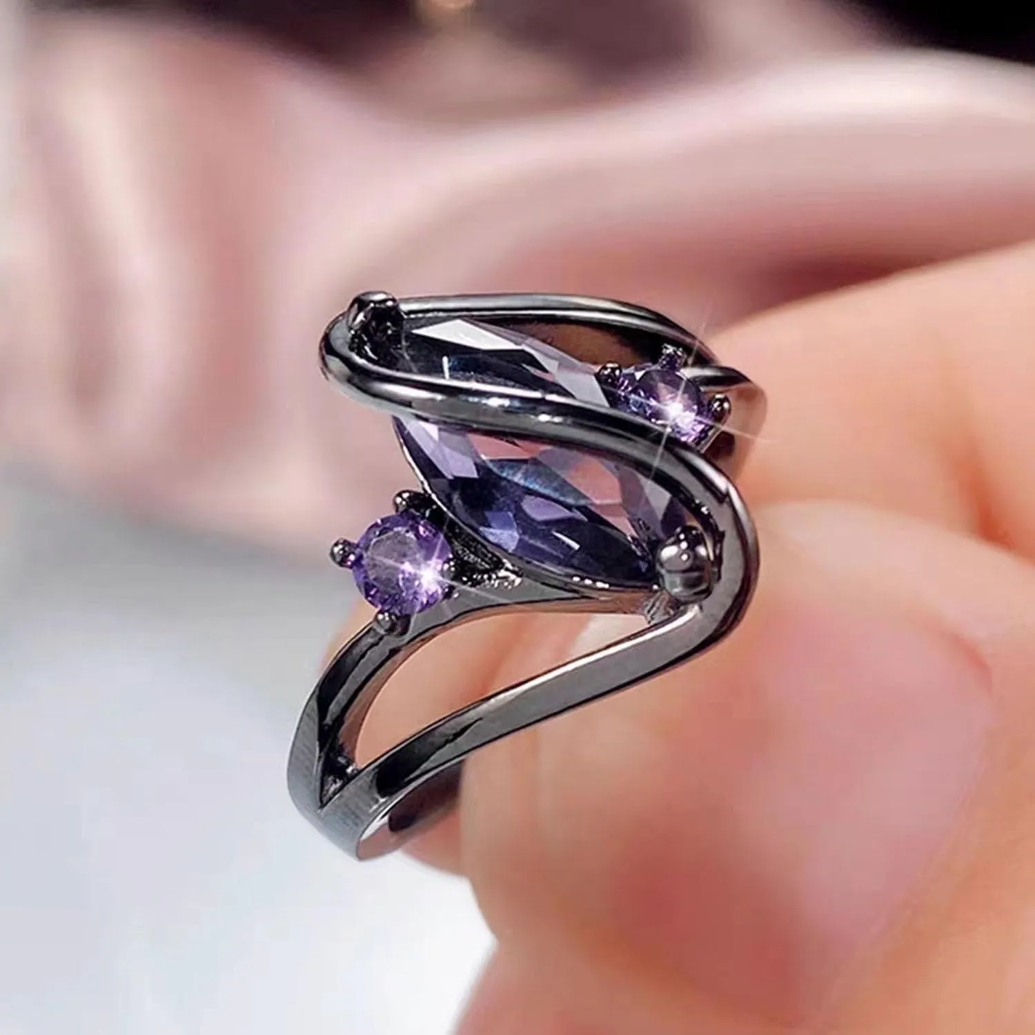 Purple Marquise Cubic Zirconia Cocktail Statement Ring Crystal Stacking Wedding Engagement Anniversary Band Rings Fashion Jewelry Accessories for Women Gift Black Gold