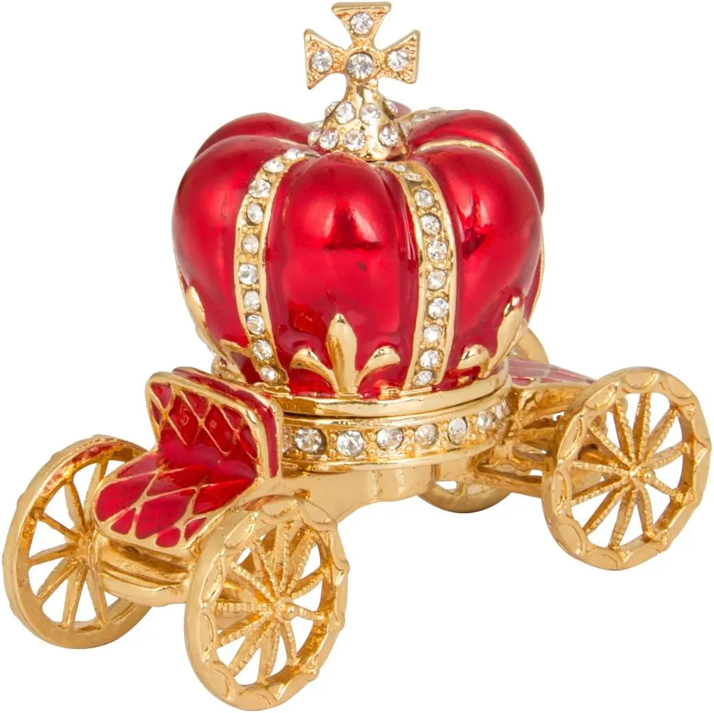 QIFU Hand Painted Enameled Red Pumpkin Carriage Jewelry Trinket Box Hinge