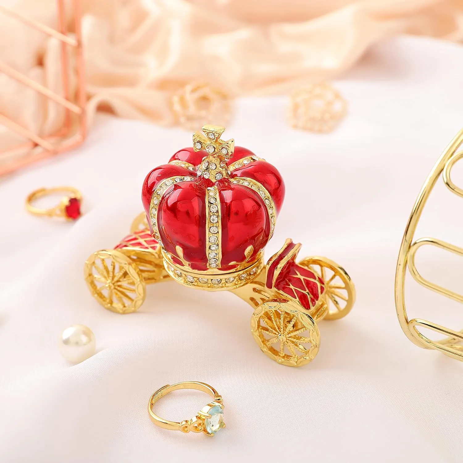 QIFU Hand Painted Enameled Red Pumpkin Carriage Jewelry Trinket Box Hinge