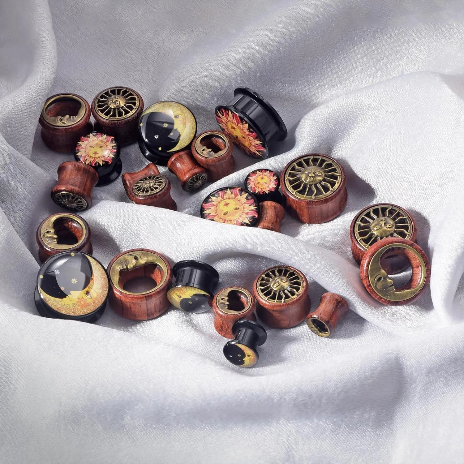 Qmcandy 2g-13/16 inch Sun Moon Natural Wood Wooden Acrylic Ear Tunnels Plugs Piercing Gauge Expander Set