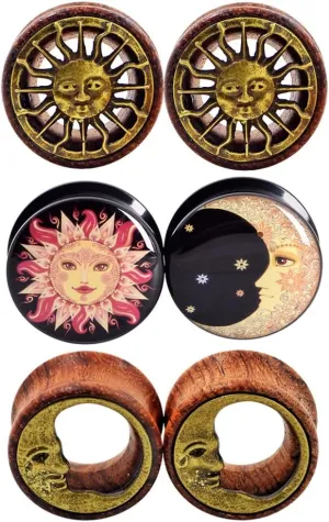 Qmcandy 2g-13/16 inch Sun Moon Natural Wood Wooden Acrylic Ear Tunnels Plugs Piercing Gauge Expander Set