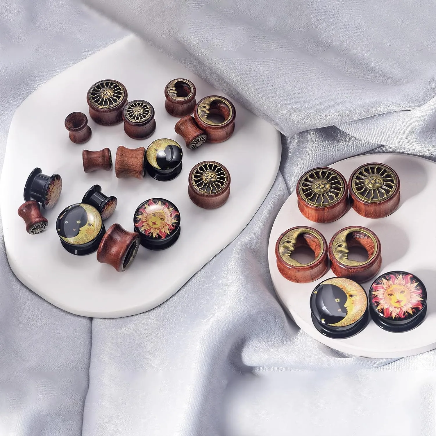 Qmcandy 2g-13/16 inch Sun Moon Natural Wood Wooden Acrylic Ear Tunnels Plugs Piercing Gauge Expander Set