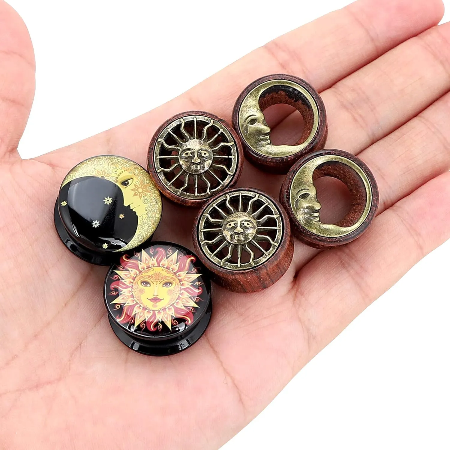 Qmcandy 2g-13/16 inch Sun Moon Natural Wood Wooden Acrylic Ear Tunnels Plugs Piercing Gauge Expander Set