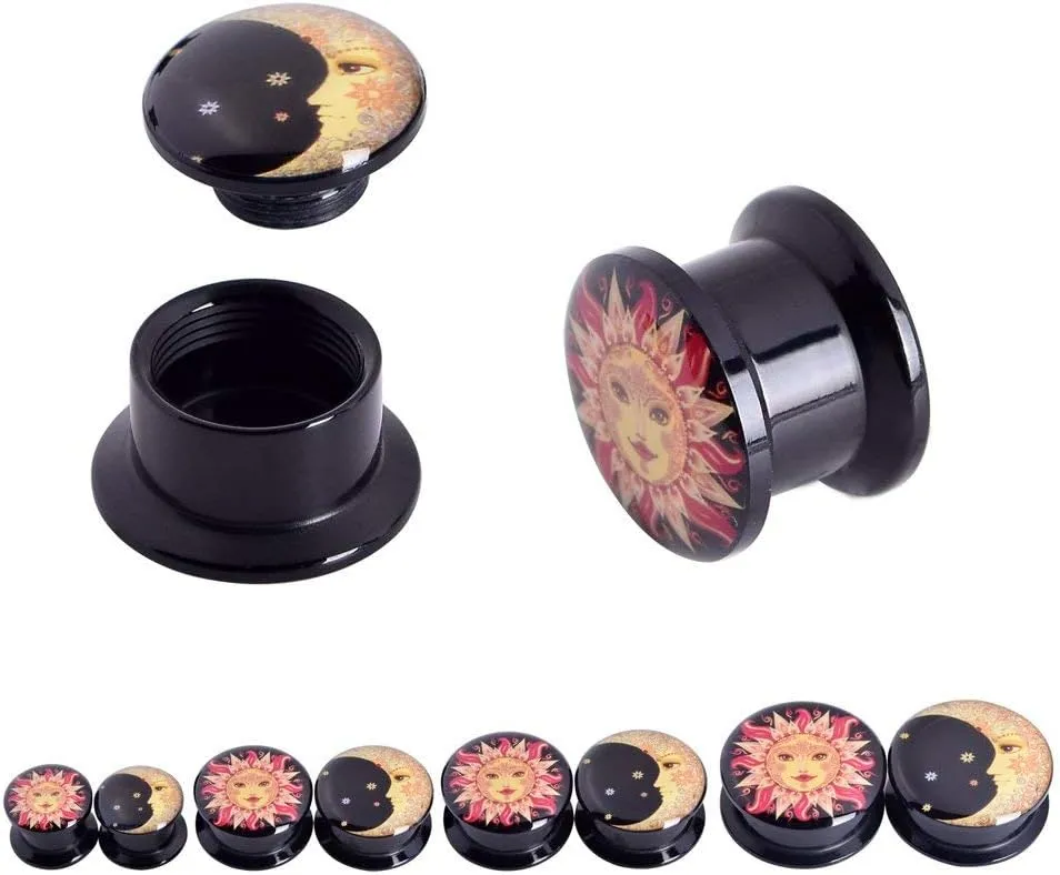 Qmcandy 2g-13/16 inch Sun Moon Natural Wood Wooden Acrylic Ear Tunnels Plugs Piercing Gauge Expander Set