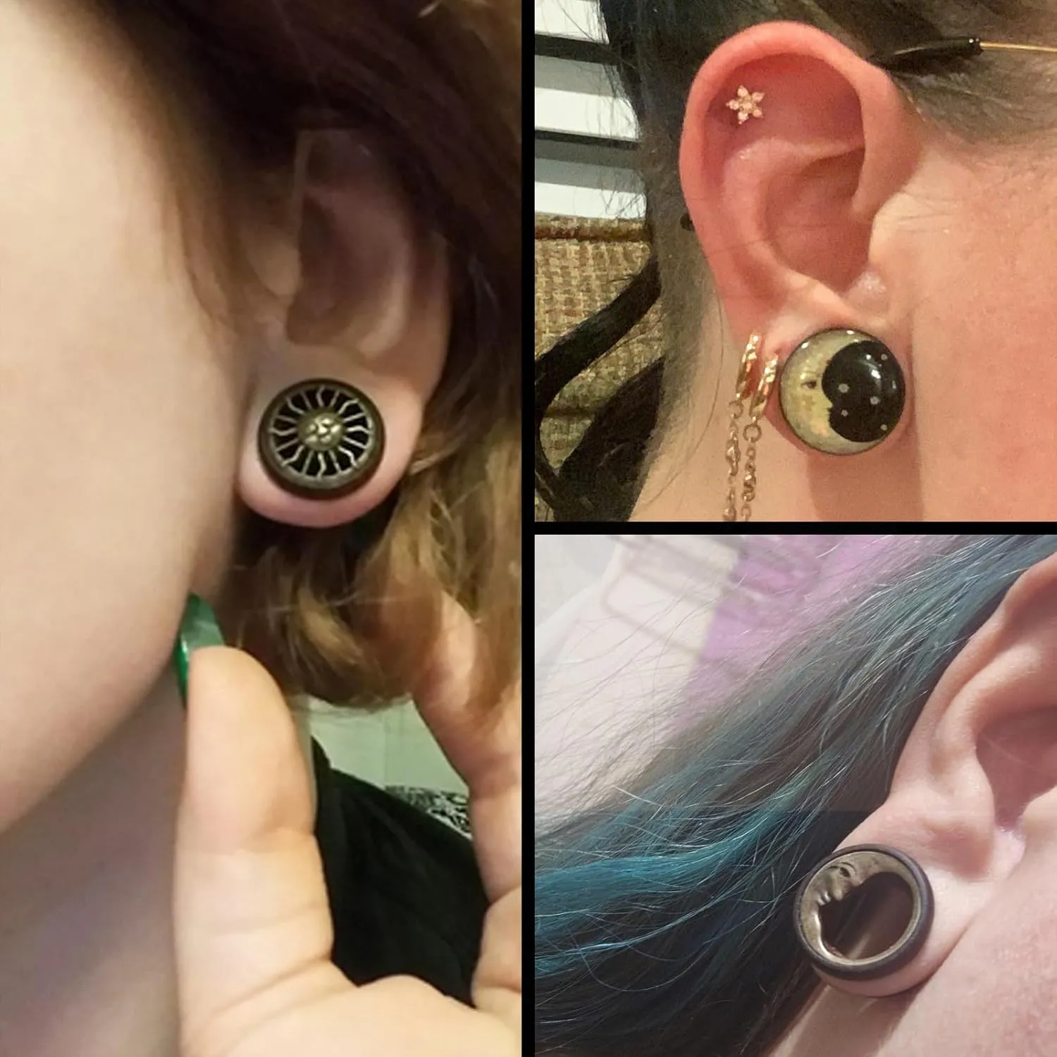 Qmcandy 2g-13/16 inch Sun Moon Natural Wood Wooden Acrylic Ear Tunnels Plugs Piercing Gauge Expander Set