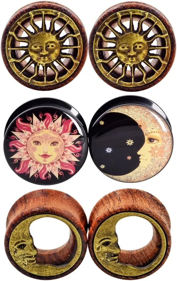 Qmcandy 2g-13/16 inch Sun Moon Natural Wood Wooden Acrylic Ear Tunnels Plugs Piercing Gauge Expander Set