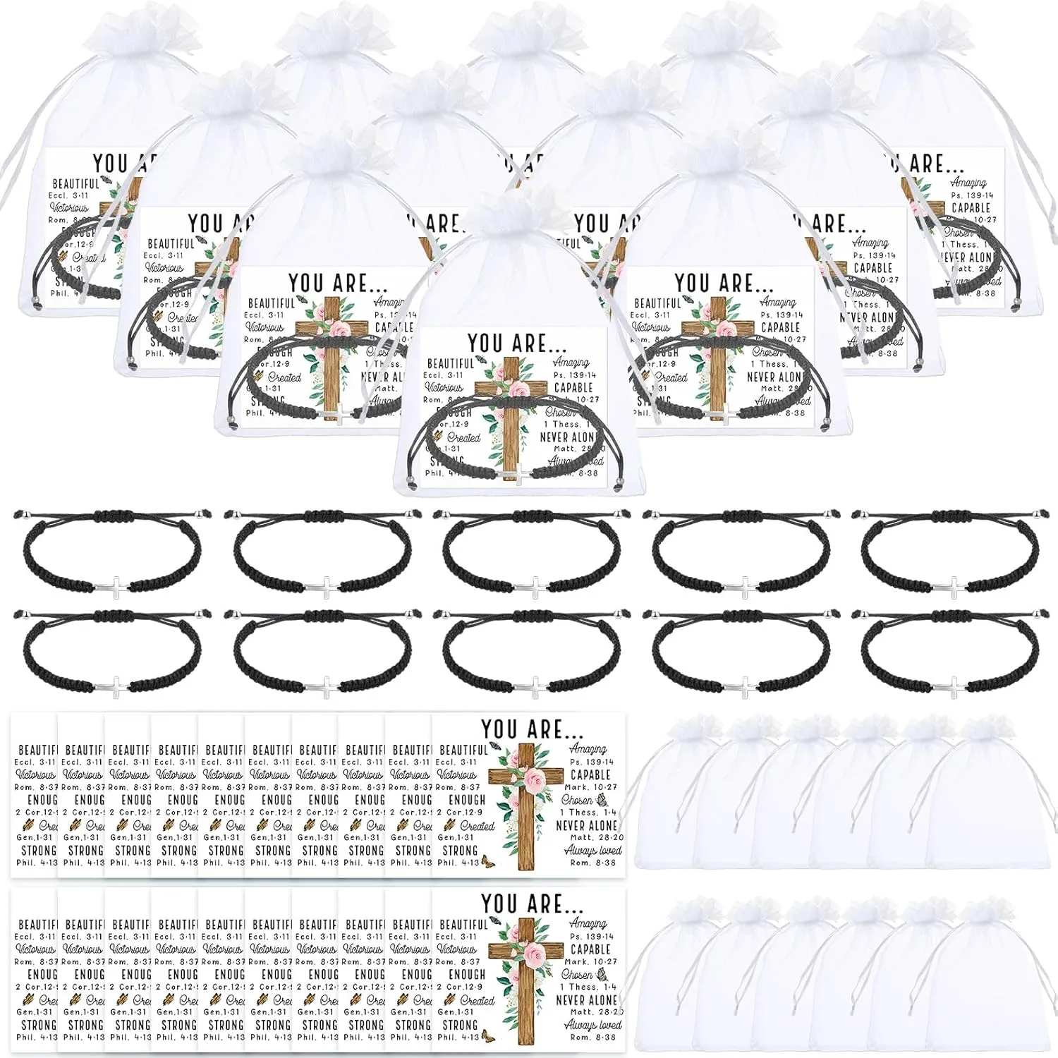 Quelay 24 Sets Christian Gifts Cross Bracelet for Women with Blessing Card Organza Bags Cross Charm Adjustable Religious Jesus Bracelets Christian Jewelry for Baptisms Communion Church Gifts