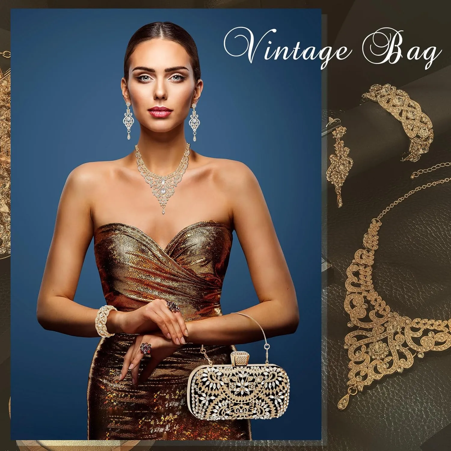 Quelay 4 Pcs Purse Rhinestone Jewelry Set Evening Clutch Bag Bling Crystal Necklace Dangle Earrings Bracelets Accessories