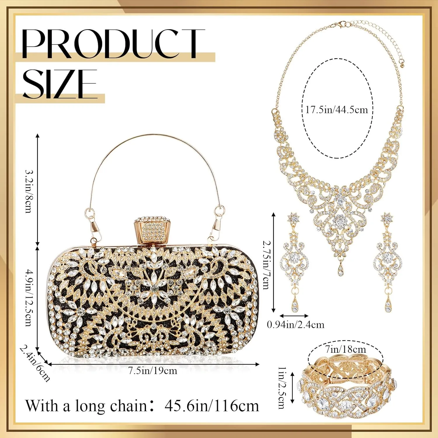 Quelay 4 Pcs Purse Rhinestone Jewelry Set Evening Clutch Bag Bling Crystal Necklace Dangle Earrings Bracelets Accessories