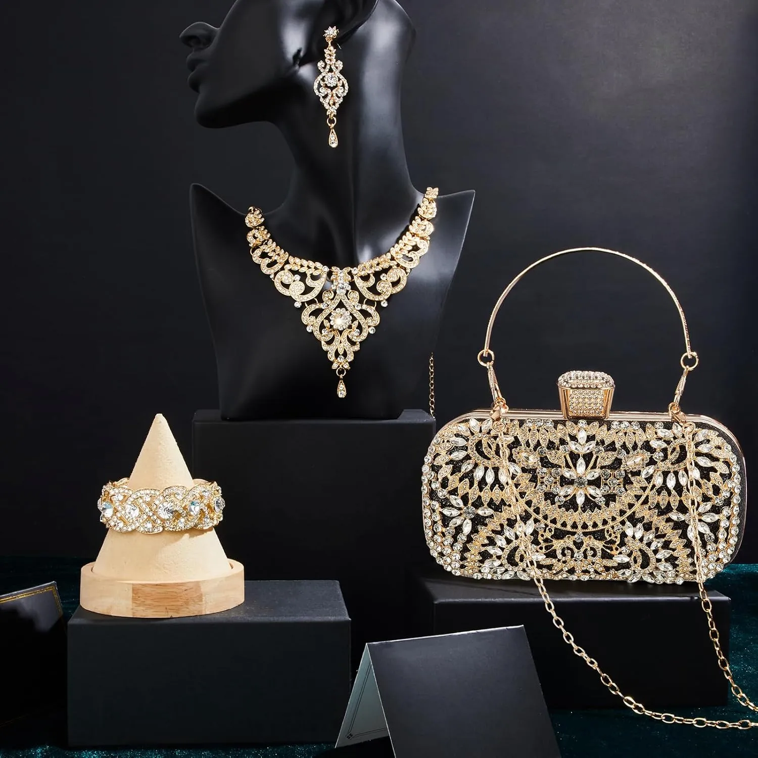 Quelay 4 Pcs Purse Rhinestone Jewelry Set Evening Clutch Bag Bling Crystal Necklace Dangle Earrings Bracelets Accessories